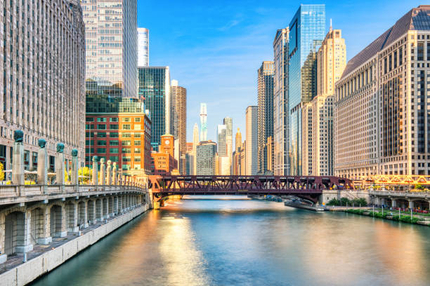 istock Chicago Downtown Cityscape with Chicago River at Sunset 2158778013