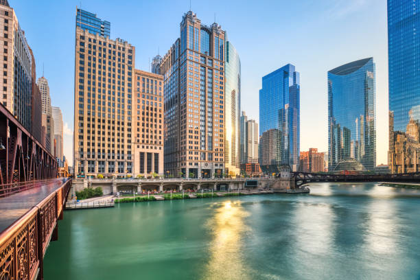 istock Chicago Downtown Cityscape with Chicago River at Sunset 2158778200