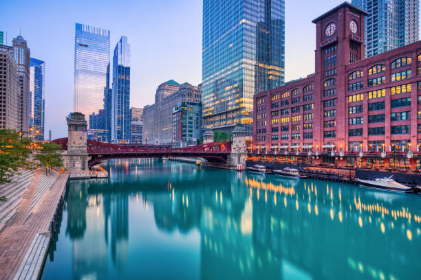 istock Chicago Downtown Cityscape with Chicago River at Dusk 2158778831