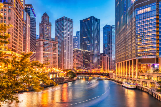 istock Chicago Downtown Cityscape with Chicago River at Dusk 2158778832