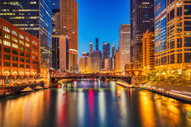 istock Chicago Downtown Cityscape with Chicago River at Dusk 2158779672