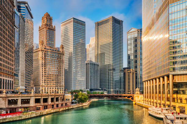 istock Chicago Downtown Cityscape with Chicago River at Sunrise 2158779675