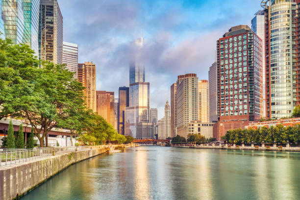 istock Chicago Downtown Cityscape with Chicago River at Sunrise 2158779729