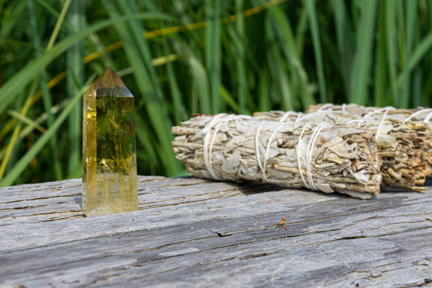 istock Citrine Crystal Tower and White Sage 2158785572