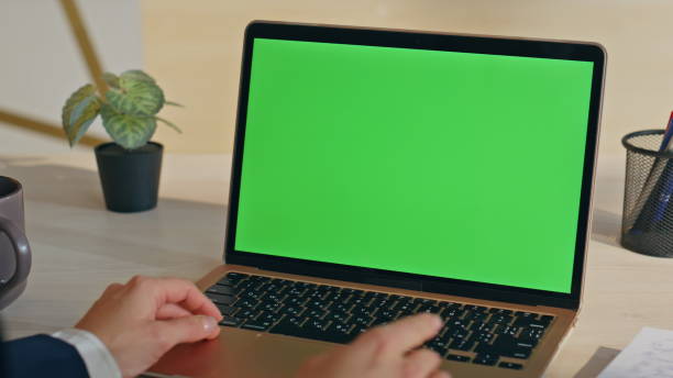 istock Formal lady having videocall green screen laptop gesturing hands at home closeup 2158796464