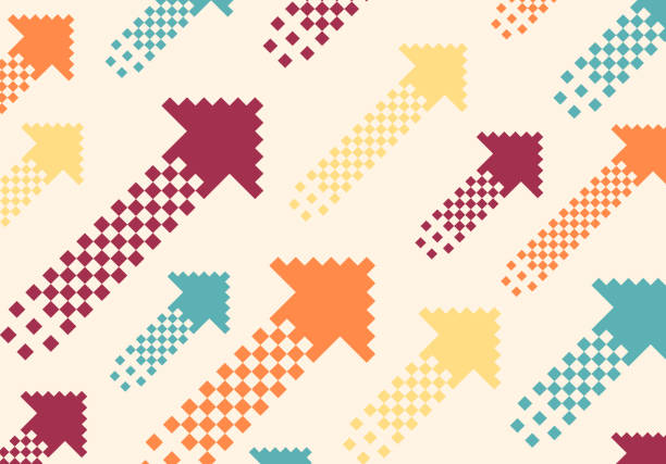 Retro pixel moving up abstract arrow pointing direction moving right background.