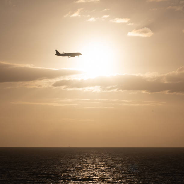 Commercial inbound plane flies by the sun as it sets in Glenelg, South Australia.