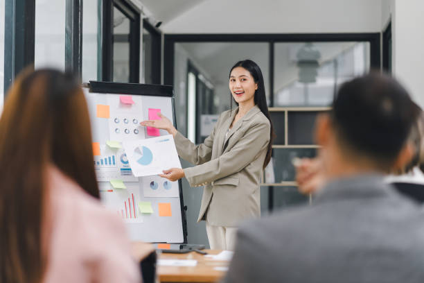 istock Smiling businesswoman presenting charts and graphs on whiteboard during meeting in modern office. 2158802455