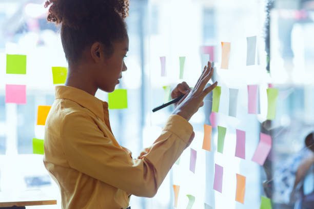 istock Young African American stylish woman working on project plan using sticky papers notes on glass wall. 2158809644