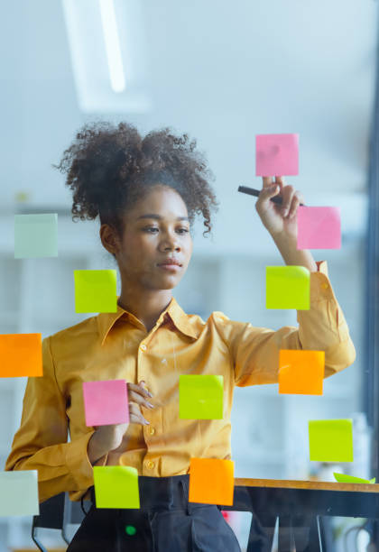 istock Young African American stylish woman working on project plan using sticky papers notes on glass wall. 2158809660
