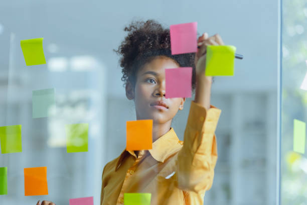 istock Young African American stylish woman working on project plan using sticky papers notes on glass wall. 2158809672