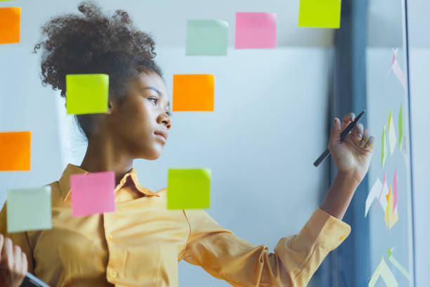 istock Young African American stylish woman working on project plan using sticky papers notes on glass wall. 2158809681