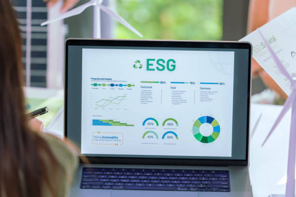 istock close up laptop show esg data chart at green office 2158811886