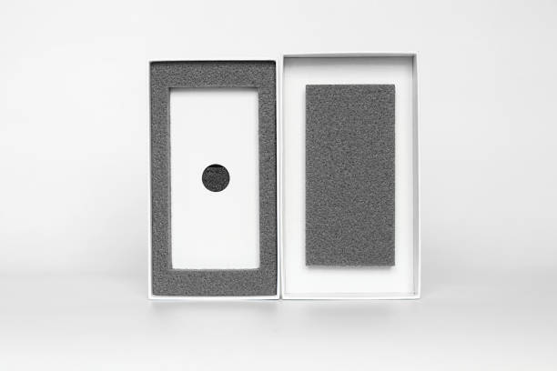 White new empty box and cover for phone on white background, empty box