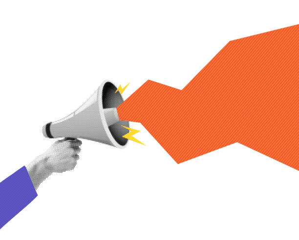 istock Halftone megaphone, loudspeaker in hand. Advertising speaker with lightning, collage in retro style. 2158814839