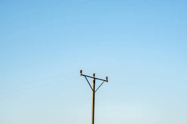 A row of towering power poles stretches across the landscape under a clear blue sky. Their lines crisscross above, symbolizing connectivity and modern infrastructure essential for daily life.