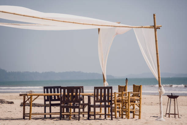 istock White tent shades sandy beach by ocean under blue sky 2158820056