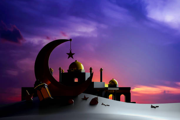 istock Ramadan Crescent Moon and Mosque at Sunset. 3D Illustration 2158820121