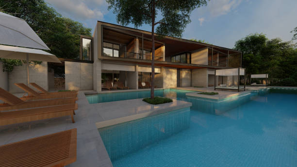 istock Duplex house swmming pool exterior design 3d rendering 2158823199