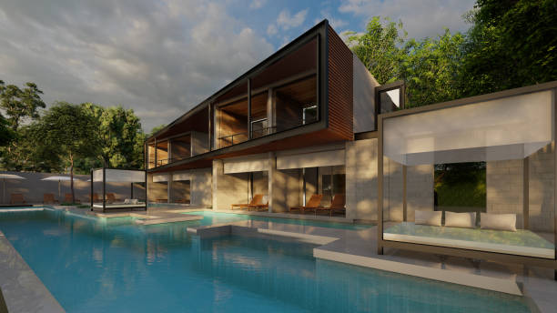 istock Duplex house swmming pool exterior design 3d rendering interior design 2158823214