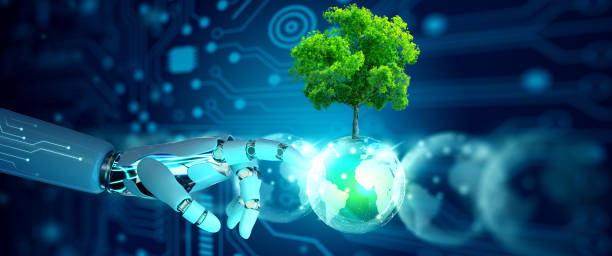 istock Robot hand pointing a crystal ball with tree against nature. Artificial Intelligent, Ecology, Energy, and Environment Concept. 2158831300