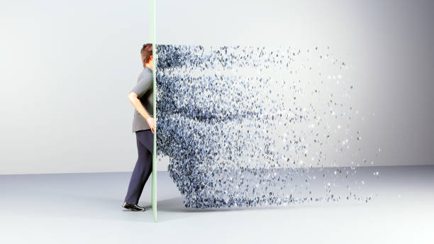 Man walking into a portal transporting or converting him into digital ones and zeros