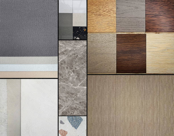 istock combination of interior material samples for mood board consists beech wooden veneers, marble, engineering wood tiles, indoor wallpapers, terrazzo, quartz, concrete laminated in close up view. 2158832510