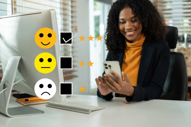 istock Happy Client customer experience concept. Woman recording phone inquiry with checkboxes, smiling face rating excellent for satisfaction survey. 2158832768