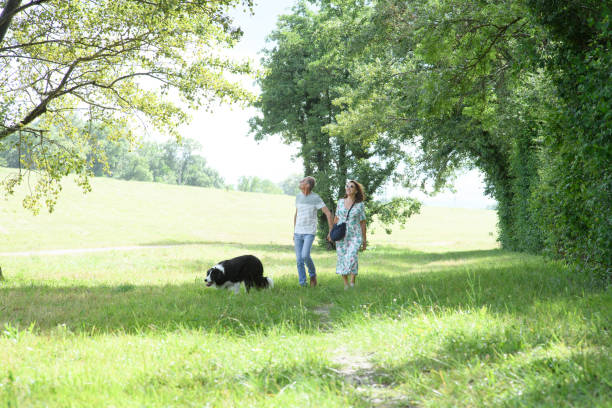 istock A senior couple on a grassy path with their dog 2158833022