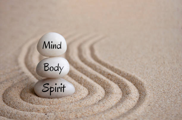 istock Mind, body and spirit text on Zen stones on sand background 2158837054