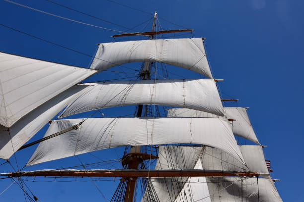istock Looking upwards at the sails of the ship 2158841556