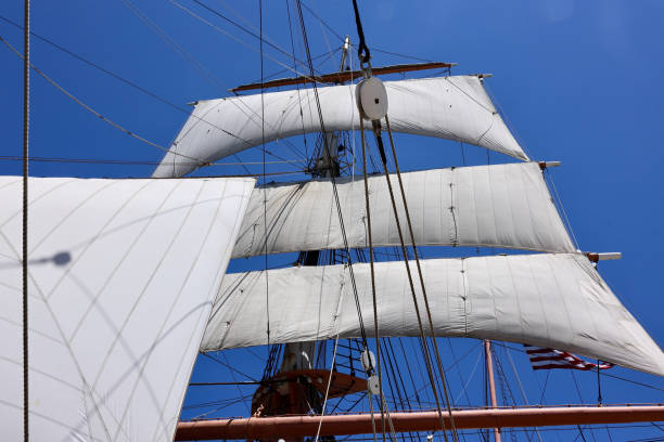 istock Looking upwards at the sails of the ship 2158841577