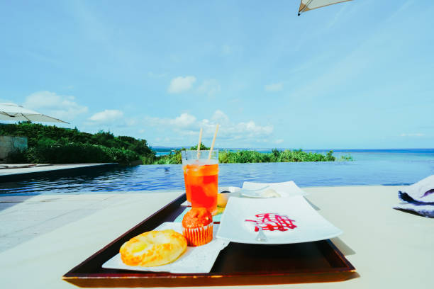 istock Delicious sweets and iced tea by the pool 2158842150