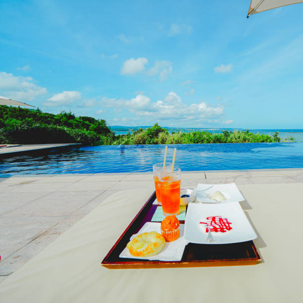 istock Delicious sweets and iced tea by the pool 2158842262