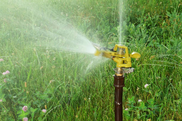 istock Automatic sprinkler system watering the green lawn on backyard 2158843441