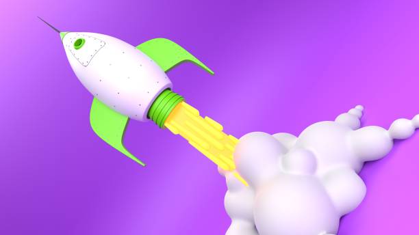 istock Cartoon style rocket launching up into a purple sky 2158844597