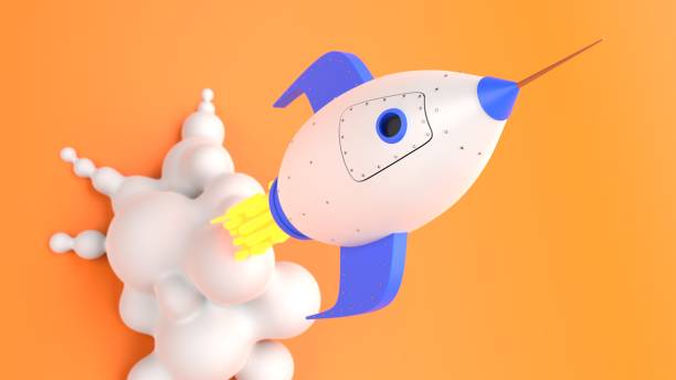 istock Cartoon style rocket launching up towards the viewer 2158844603