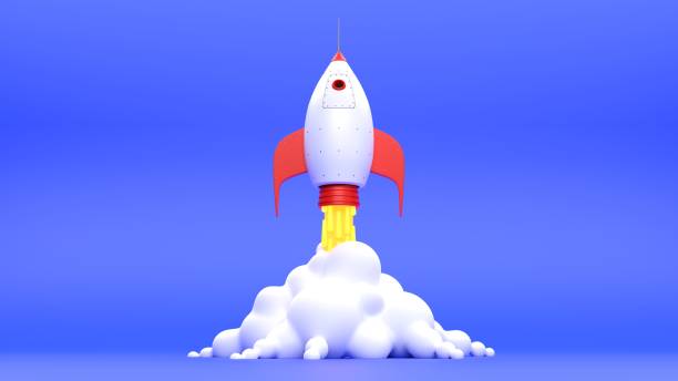 istock Cartoon style rocket launching up against a blue background 2158844610