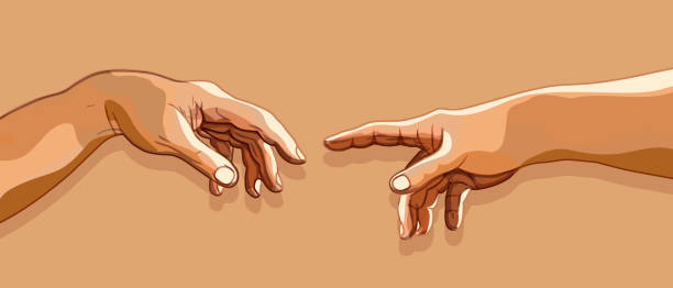 istock Two hands touching with fingers Michelangelo the creation of Adam illustration 2158849400