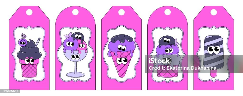 Funky Image Labelling Trendy Psychedelic Label Tag Set Funky Ice Cream Mascot With Cute Faces ...