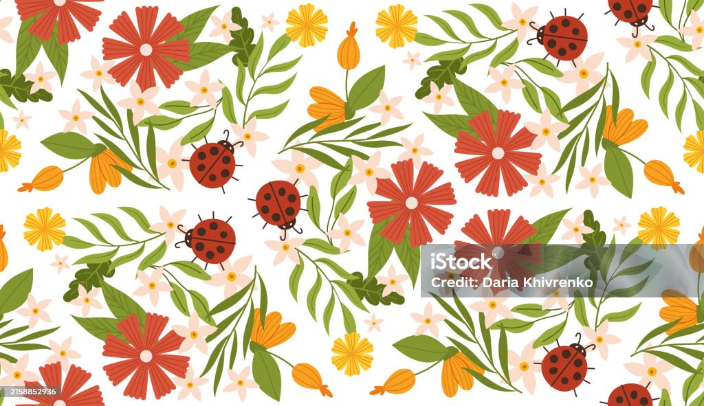 Lady Bug Spring Pattern Spring Pattern With Ladybug Leaves And Flowers In A Cute Handdrawn ...