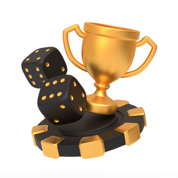 istock A golden trophy featuring dice and poker chip. 3D render illustration 2158853650