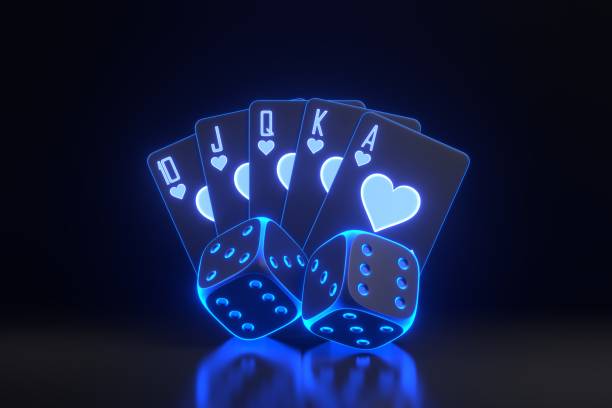 istock Neon Glow Royal Flush and Dice Dark Background. 3D render illustration 2158853694