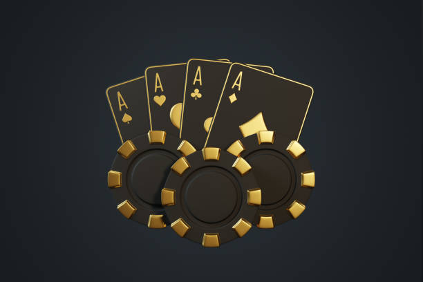 istock Golden Aces and Casino Chips on Dark Background. 3D render illustration 2158853695