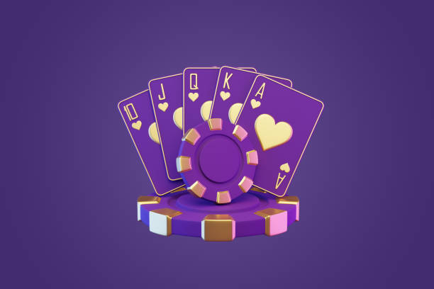 Royal Flush Hand with Purple Casino Chip. 3D render illustration