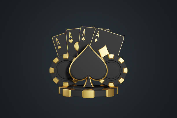 istock Golden Ace Cards and Poker Chips on Dark Background. 3D render illustration 2158853789