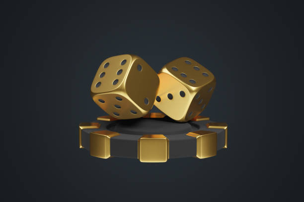 istock Golden Dice on Casino Chip Dark Background. 3D render illustration 2158853822