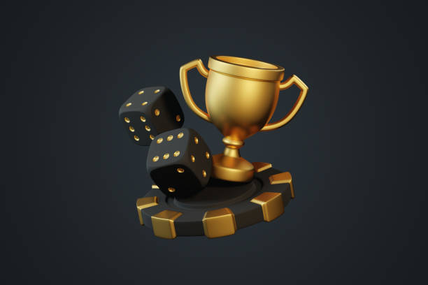 Golden trophy with black dice and a casino chip, symbolizing success and luck in gaming or gambling, set against a dark background. 3D render illustration