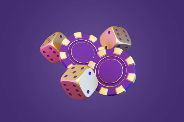 istock Golden Dice and Poker Chips on purple Background. 3D render illustration 2158853855