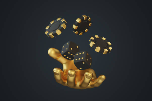 istock Golden Hand Holding Dice and Casino Chips. 3D render illustration 2158853857